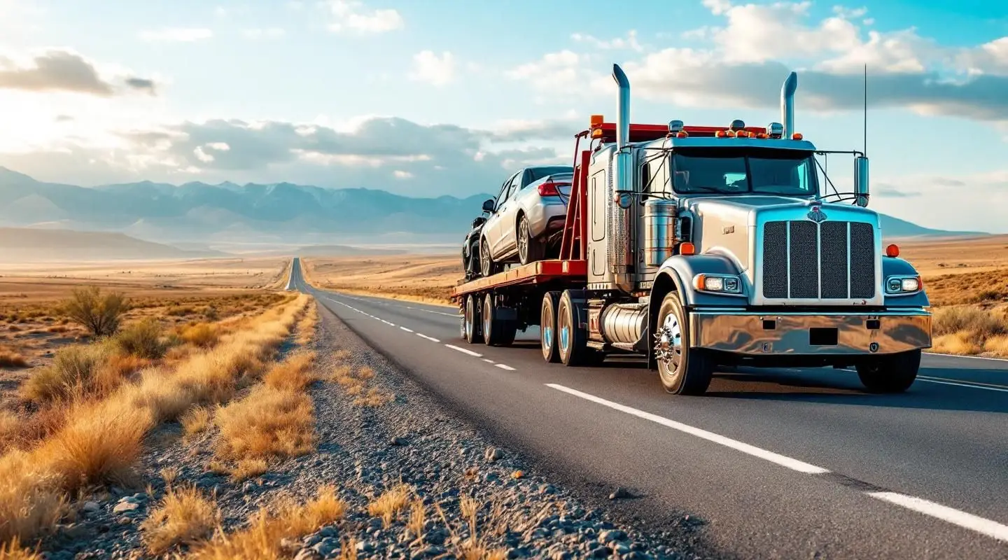A professional flatbed tow truck hauling a family SUV on a long highway stretch near Albuquerque during sunset.