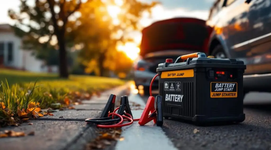 Professional technician using a portable jump pack to start a car in an Albuquerque parking lot at dusk.