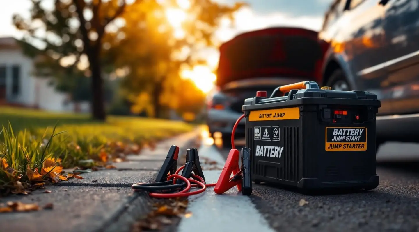 Professional technician using a portable jump pack to start a car in an Albuquerque parking lot at dusk.