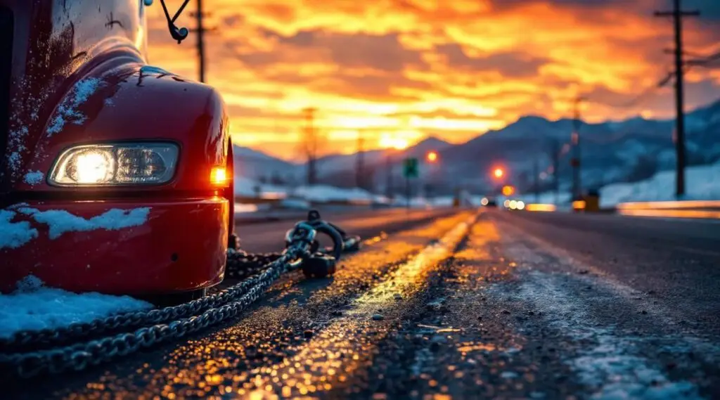 A Slingshot Towing flatbed truck safely loading a family sedan on a residential Albuquerque street during a clear desert sunset.