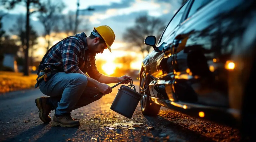 Professional Slingshot Towing technician using a specialized air wedge to safely unlock a vehicle in Albuquerque.