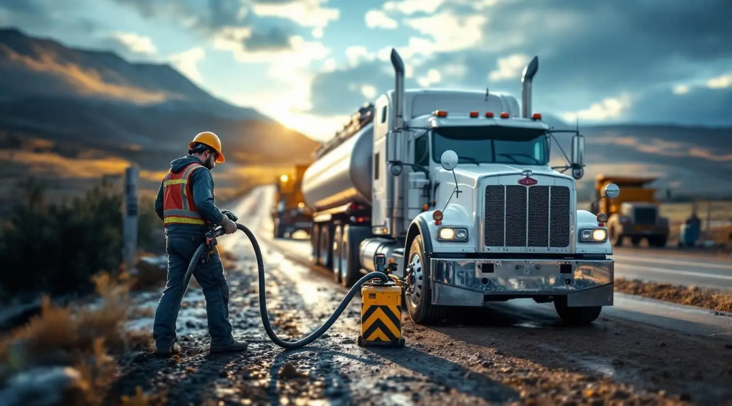 Slingshot Towing technician delivering emergency fuel to a stranded motorist on the I-40 shoulder in Albuquerque at sunset.