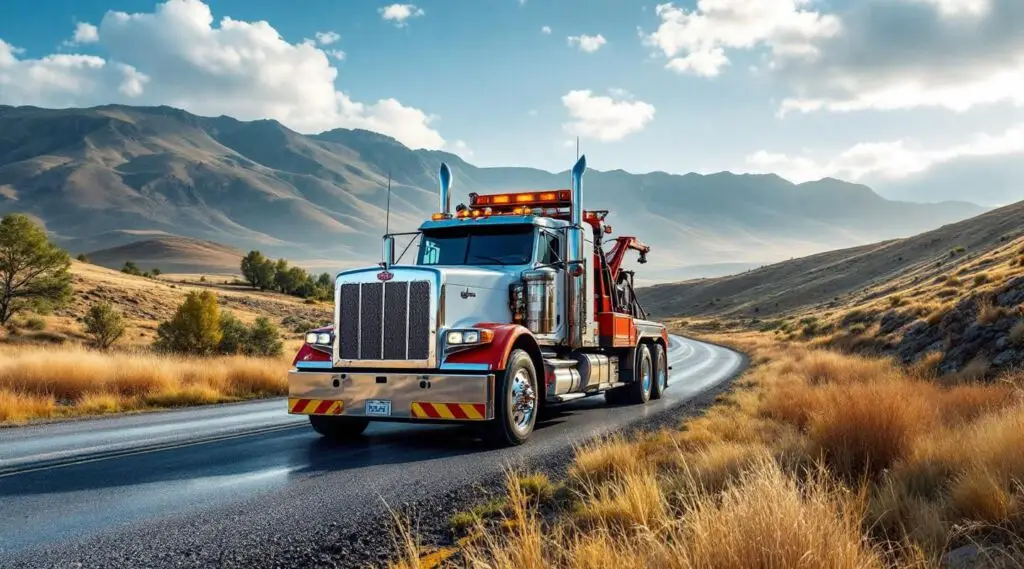 A heavy-duty wrecker truck performing a complex vehicle recovery on a shoulder near Albuquerque at dusk.