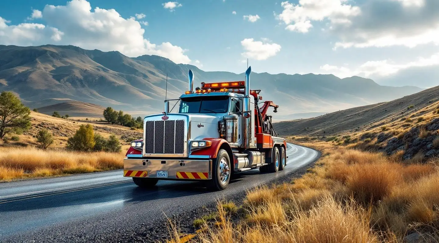 A heavy-duty wrecker truck performing a complex vehicle recovery on a shoulder near Albuquerque at dusk.