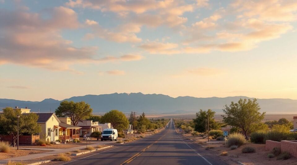 A professional flatbed tow truck staged on a gravel pull-off near NM-165 in Placitas, NM, with the Sandia Mountains visible.