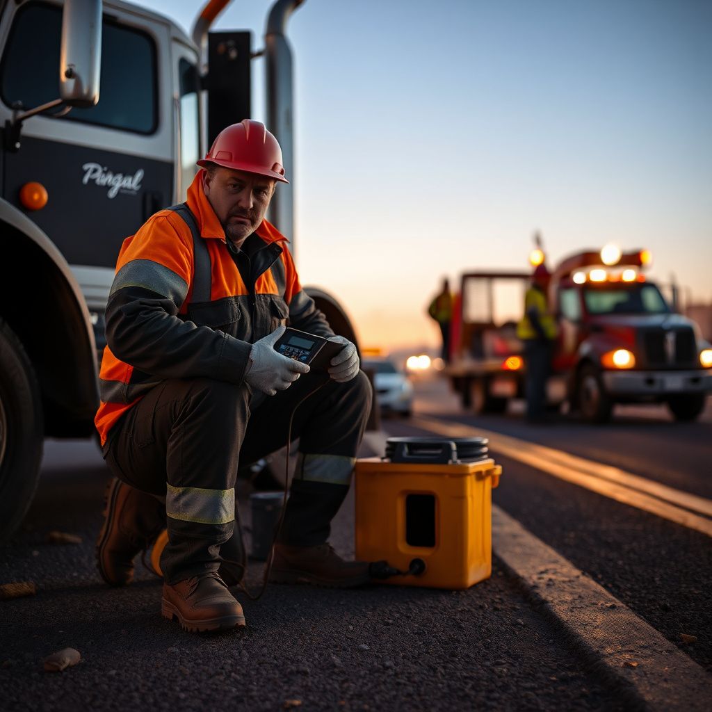 A professional tow operator providing roadside assistance on a dirt driveway near a Corrales vineyard at sunset.
