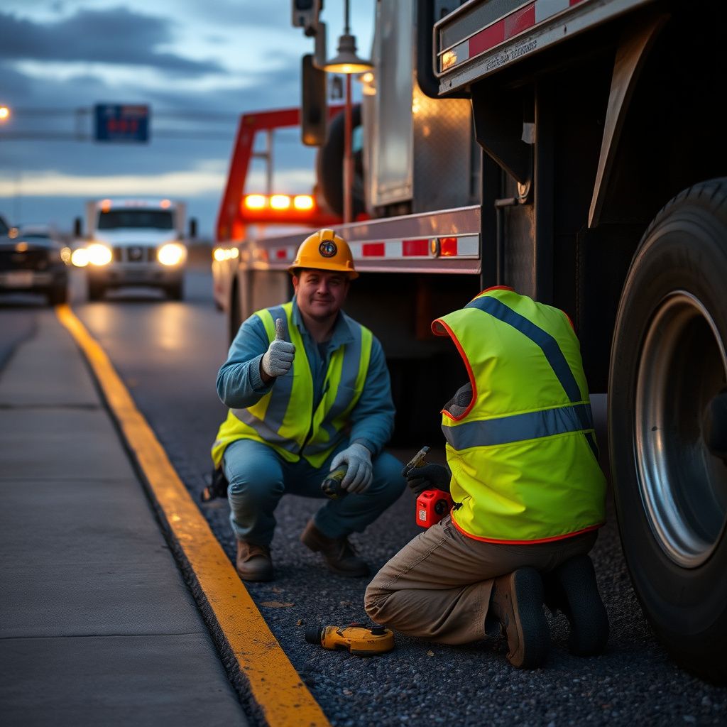 A Slingshot Towing technician providing a battery jump start to a stranded motorist in a desert setting.