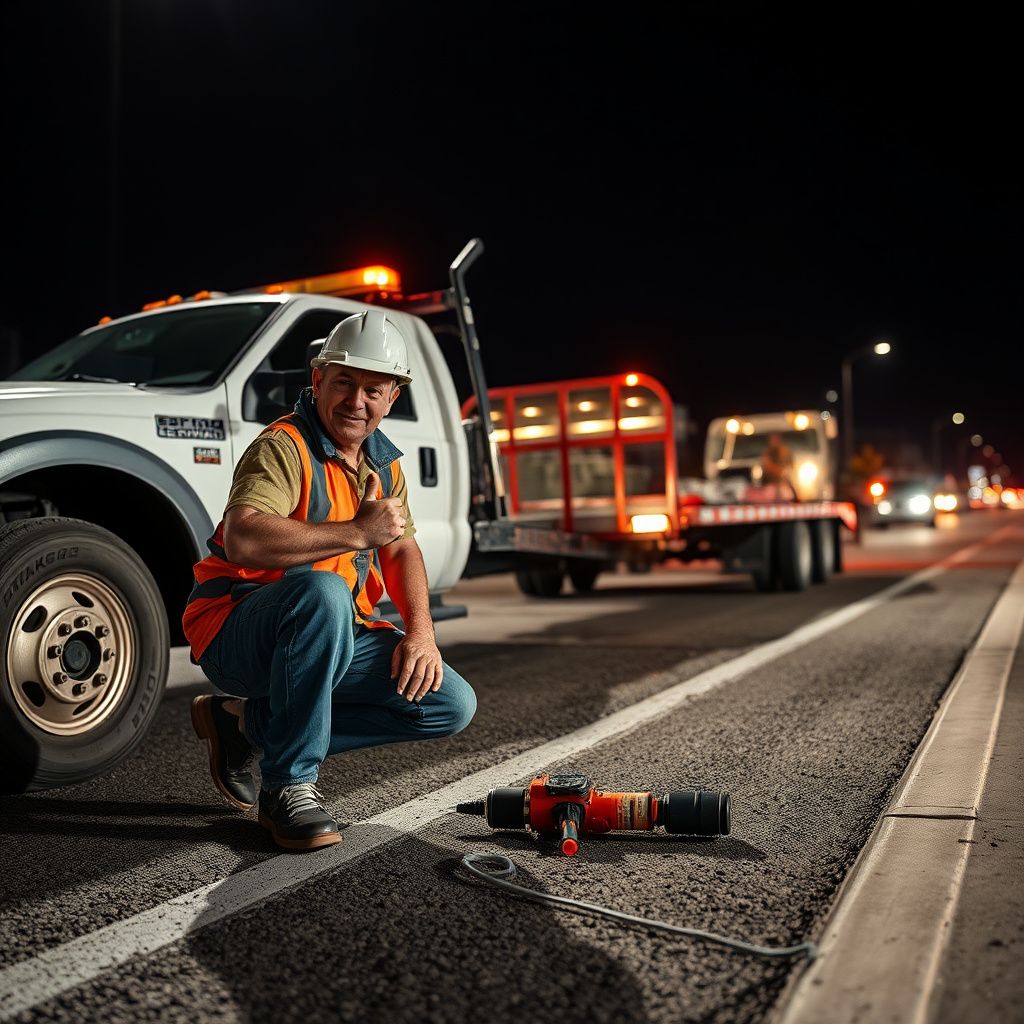 A Slingshot Towing operator in a safety vest speaking calmly to a customer next to a disabled vehicle in Algodones.
