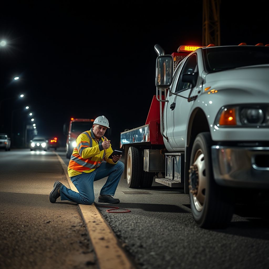 A professional tow truck operator using safety lights to secure a scene on a busy mountain highway.