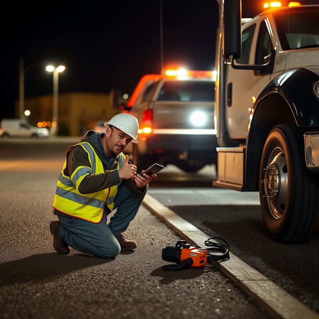 A tow truck operator using specialized winch-out equipment to safely recover a vehicle from a sandy shoulder in Bosque Farms.